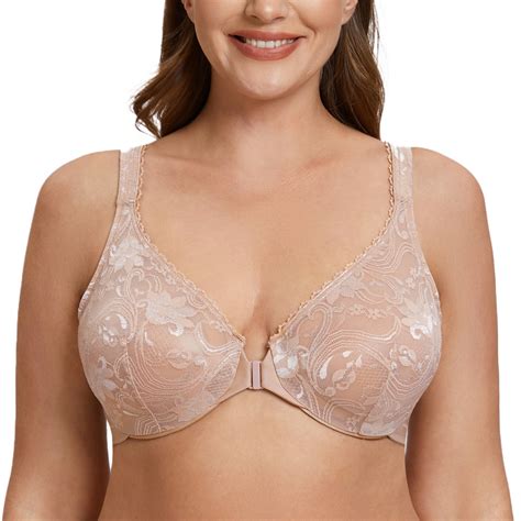 Meleneca Womens Plus Size Front Closure No Padding Full Coverage Lace Underwire Bra Beige 34f