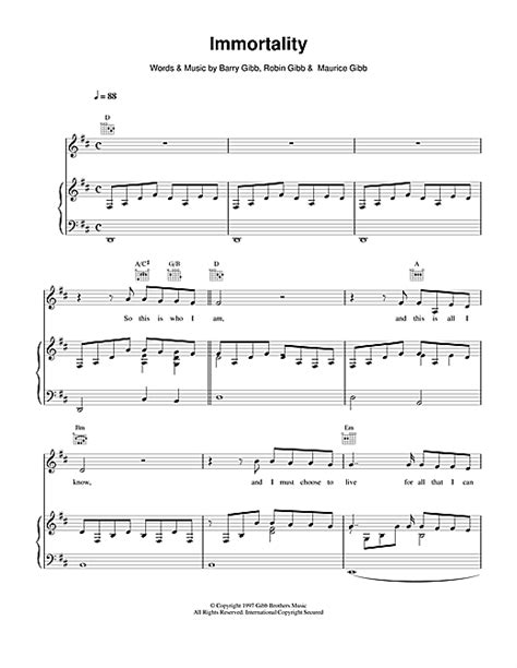 Celine Dion "Immortality" Sheet Music for Piano Chords/Lyrics ...