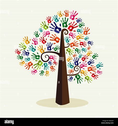 Colorful Diversity Tree Hands Illustration Over Stripe Pattern Stock