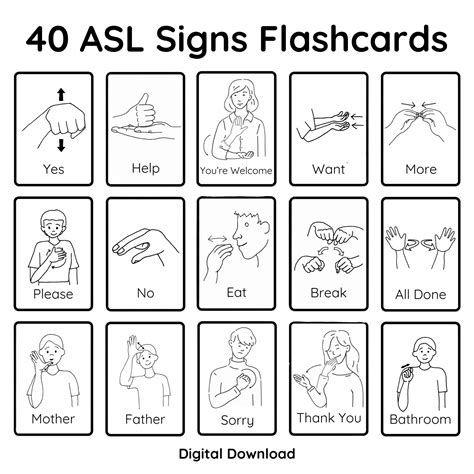 Asl signs flashcards 40 common signs for easy asl learning teaching tools for classrooms or