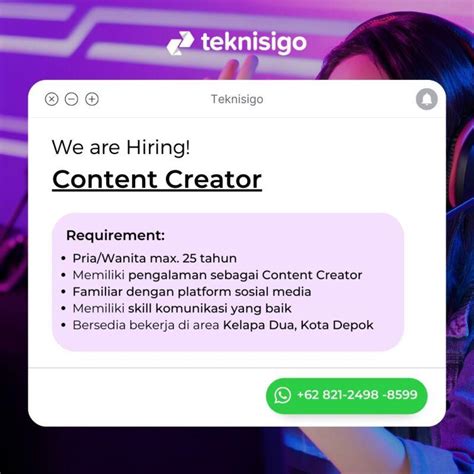 Lowongan Kerja Content Creator Di Teknisigo JakartaKerja