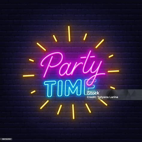 Party Time Neon Lettering On Brick Wall Background Stock Illustration