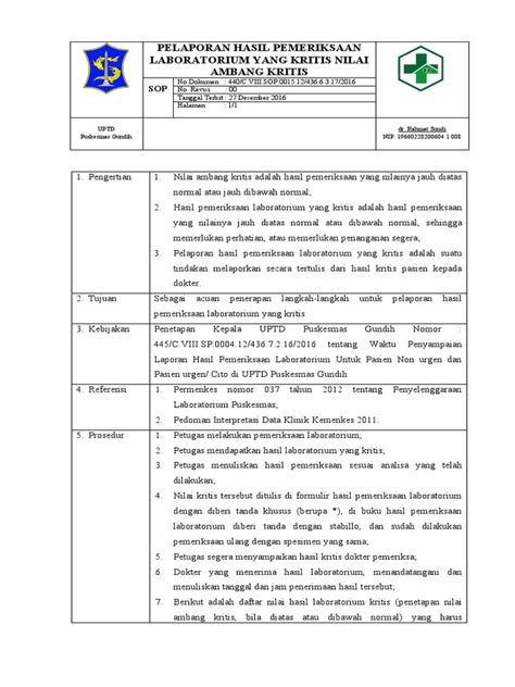 814 3 15 Sop Pelaporan Hasil Pemeriksaan Laboratorium Yang Kritis