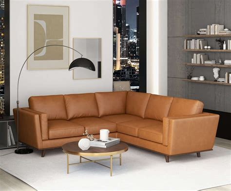 Farsah Mid Century Modern Tan Leather Corner Sofa – Harwin Furniture