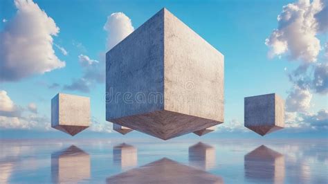 A Group Of Three Concrete Cubes Floating In The Air Ai Stock Image