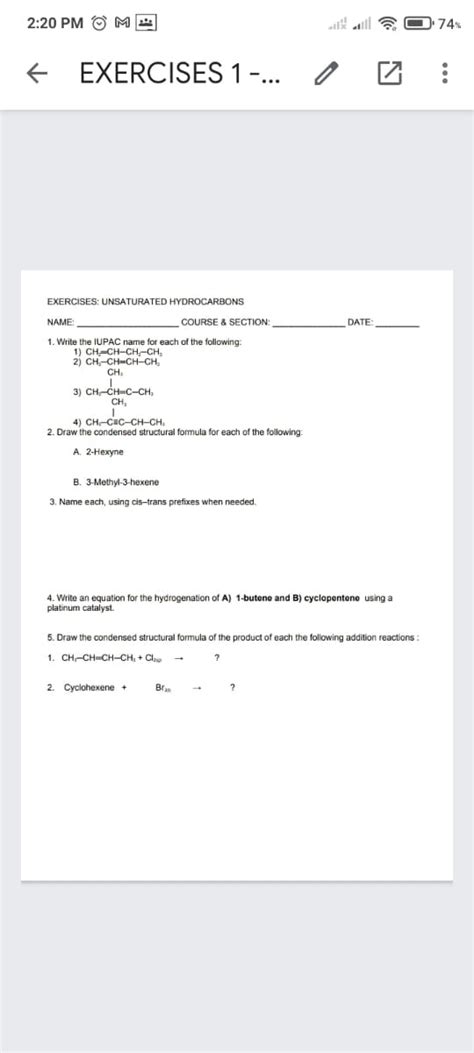 Answered Exercises Unsaturated Hydrocarbons Bartleby