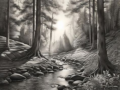 Premium AI Image | A detailed and realistic charcoal drawing of a serene forest with sunlight ...