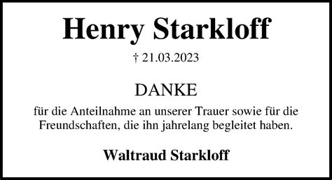 Traueranzeigen Von Henry Starkloff Trauer Anzeigen De