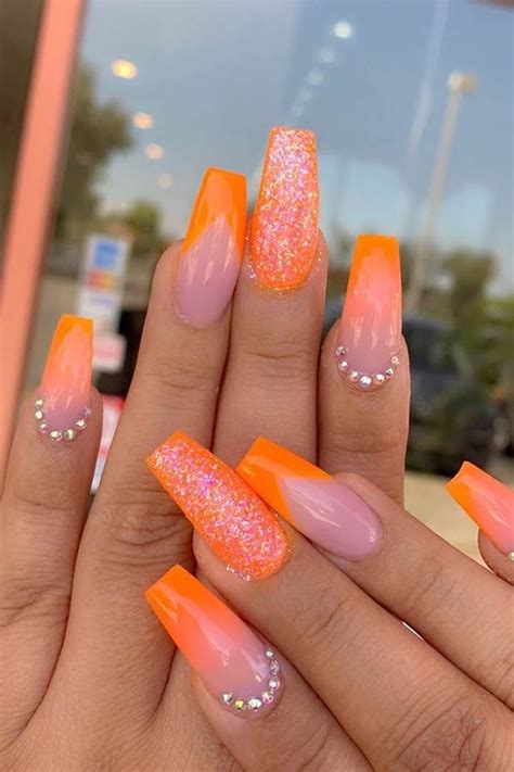 Neon Orange Acrylic Nails With Design