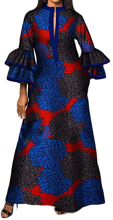 Iooiooi Womens Double Layered Bell Sleeve African Maxi Dress Ankara