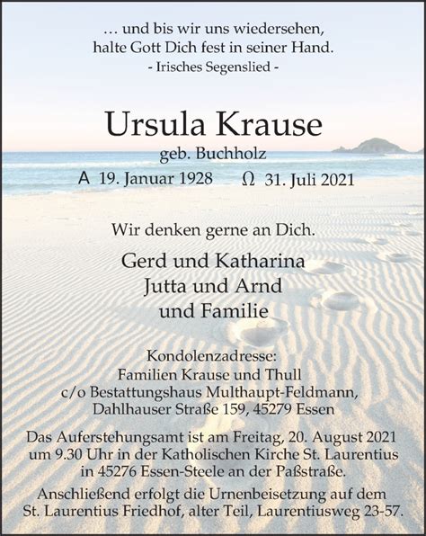 Traueranzeigen Von Ursula Krause Trauer In Nrw De