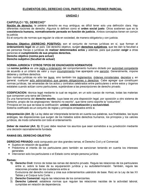 Resumen Primer Parcial Elementos Del Derecho Civil Parte General Primer Parcial Unidad I