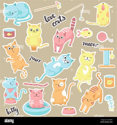 Cute Cats Stickers Vector Hand Drawn Illustration Of Happy Love Cats