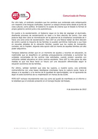 Comunicado FETE con la 1ª valoración del nuevo borrador de LOMCE PDF