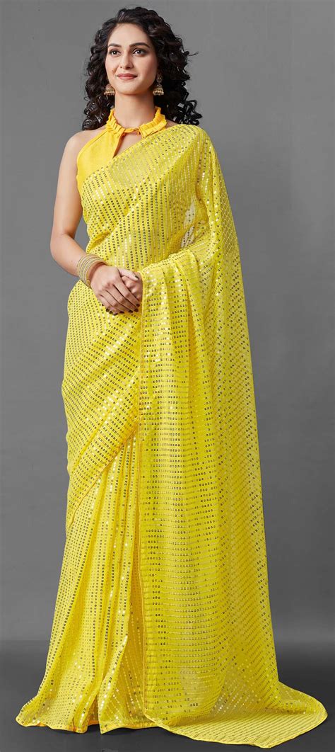 Festive Party Wear Yellow Color Georgette Fabric Saree 1722241