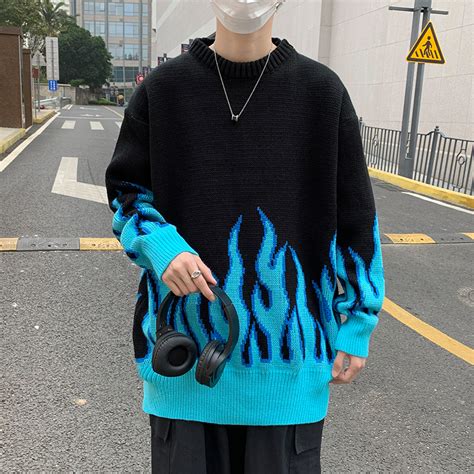 Dark Icon Blue Flame Crew Neck Knitwear Jacquard Mens Hip Hop Pullover