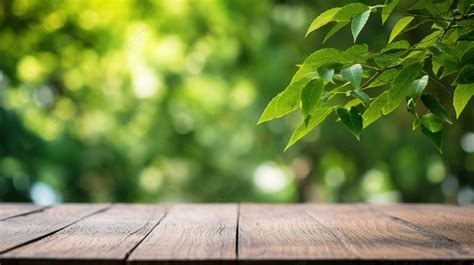 Natural Wood Tabletop Texture Enhanced By Lush Garden Backdrop