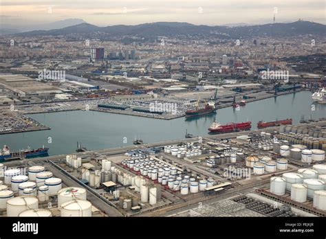 Aerial View Barcelona Industrial Port With Oil Storage Tanks And Ships ...