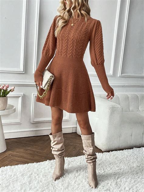 Shein Privé Cable Knit Lantern Sleeve A Line Sweater Dress Shein Usa