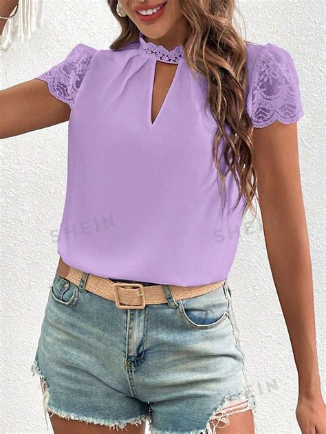 SHEIN Clasi Renda De Contraste Gola Keyhole Detalhe Dobrado Blusa