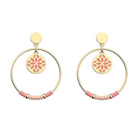 Boucles D Oreilles Pendantes Femme Les Cadettes Lotus Corail Laiton