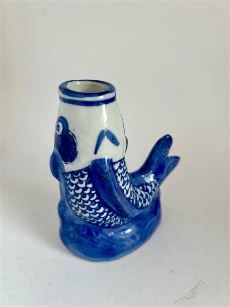 Vintage Chinese Blue And White Porcelain Koi Fish Open Mouth Vase Bud