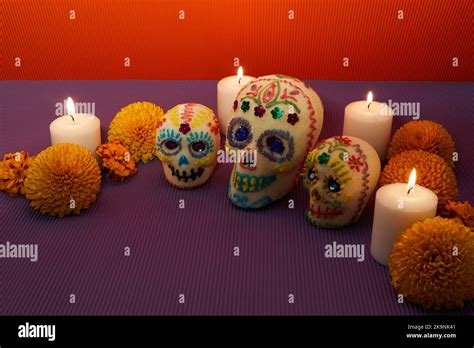 Dia De Los Muertos Day Of The Dead Sugar Skull With Candles And Cempasuchil Flowers Altar