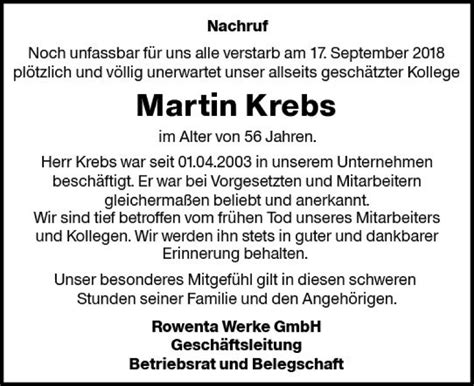 Traueranzeigen Von Martin Krebs Vrm Trauer De