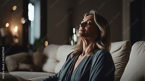 Middle Aged Woman Meditating At Home With Eyes Closed Relaxing Body