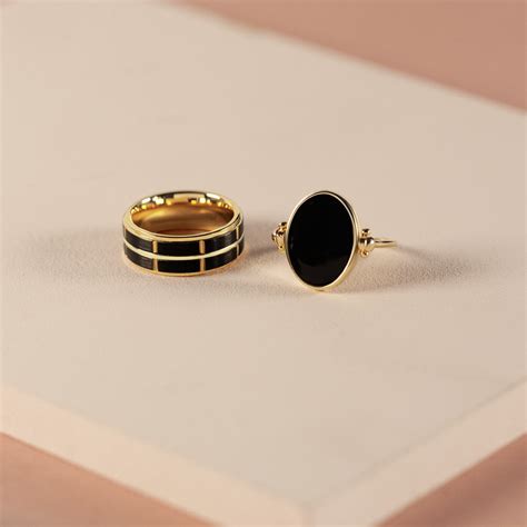 Bague Plaqu Or Reversible Laque Noire Ovale Maty