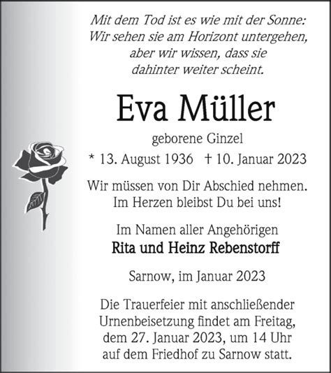 Traueranzeigen von Eva Müller Trauer Nordkurier