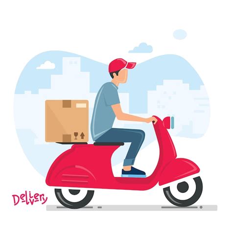 Premium Vector Delivery Man Riding A Red Scooter Illustration