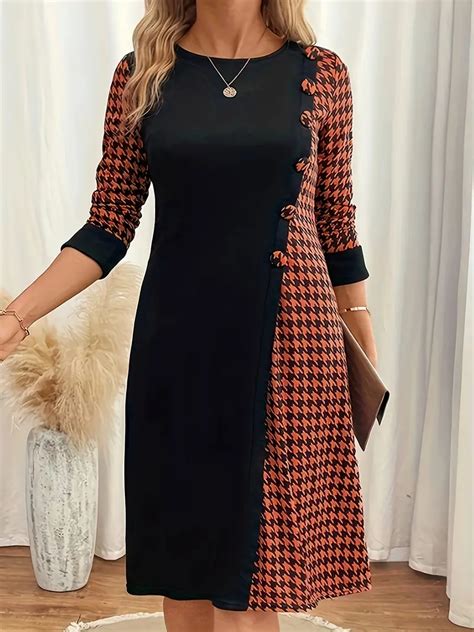 Houndstooth Print Splicing Dress Plus Size Casual Button Temu Australia