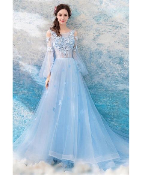 Fairy Blue Long Tulle Flowers Prom Dress A Line With Sleeves Wholesale