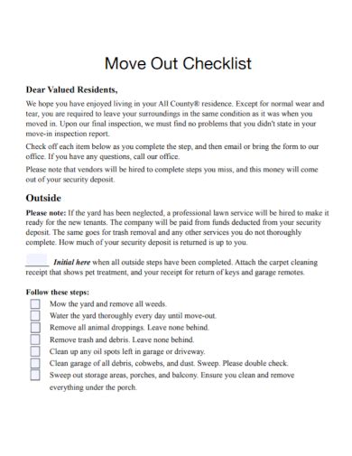 FREE 10+ Move Out Checklist Samples [ Tenant, Cleaning, Inspection ]