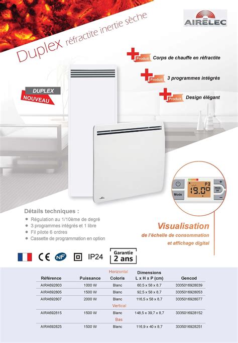 AIRELEC Radiateur réfractite inertie sèche bas Duplex 1500 W