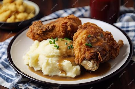 Premium Ai Image Classic Southernstyle Fried Chicken With Mashed Potatoes And Gravy Created