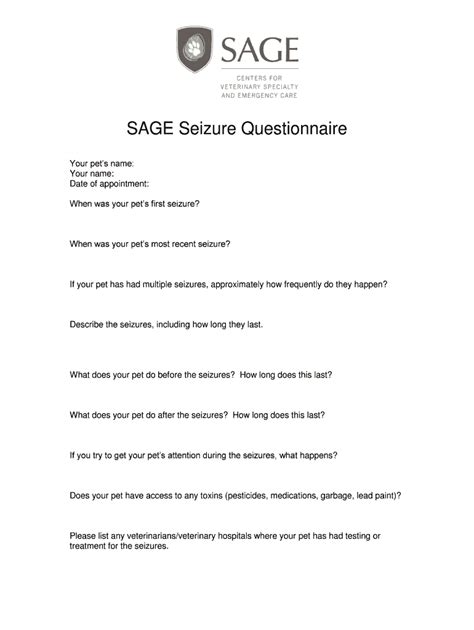 Fillable Online Sage Seizure Questionnaire Fax Email Print Pdffiller