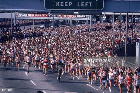 New York City Marathon, View of start of race, Grete Waitz in action ...