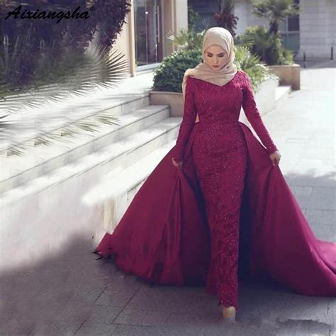 Long Sleeves Lace Beaded Formal Prom Dress Women Detachable Train