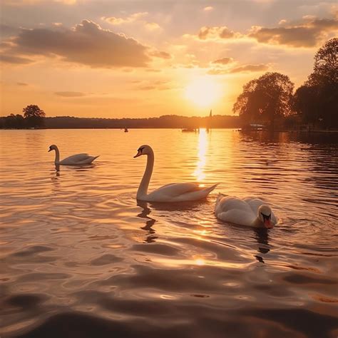 Una Puesta De Sol Dorada Sobre Un Lago Sereno Con Hermosos Cisnes