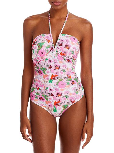 Ganni Womens Halter Floral Print One Piece Swimsuit