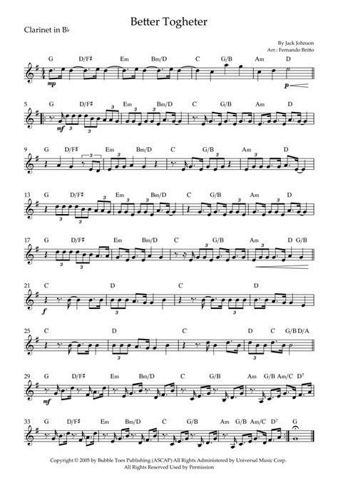 Better Together Sheet Music Jack Johnson Clarinet Solo