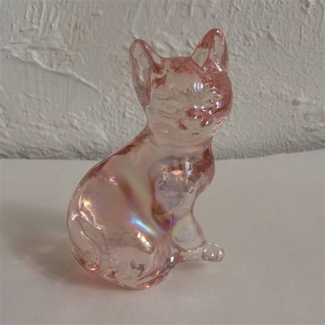 Glass Cat Figurine Pink Iridescent Art Glass Cat Etsy Glass Art