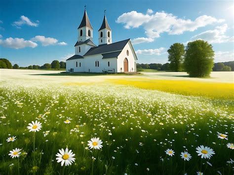 Premium Ai Image Country Church In Field Of Daisy Wildflowers