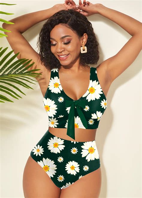 Bowknot Daisy Print High Waisted Bikini Set Rosewe Usd