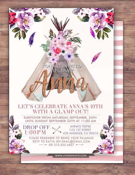 Camping Invitation Glamping Slumber Party Boho Teepee Invitation Pajama