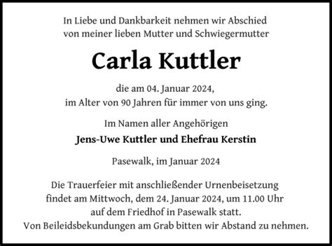 Traueranzeigen Von Carla Kuttler Trauer Nordkurier