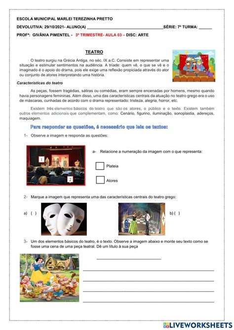 Atividade De Arte Ano Teatro Arte Worksheet School Subjects