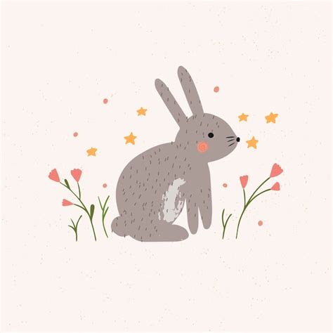 Premium Vector Hand Drawn Cute Bunny And Flowers Vector Illustration